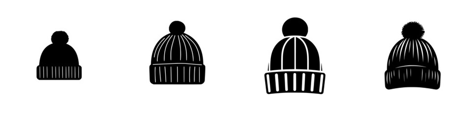 Poster - Collection of four distinct beanie icons showcasing variations in design and style while maintaining a monochromatic color scheme