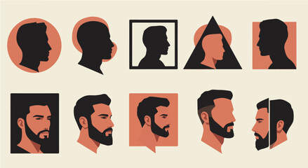 Poster - Stylish Male Profile Silhouettes Collection Modern Geometric Portraits Design Elements