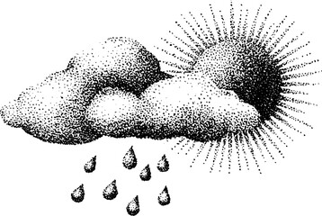 Poster - Stippling ink cloud with sun and raindrops halftone illustration design