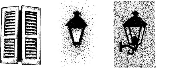 Poster - Stippling ink halftone study of lantern and window shutters in hyper detailed illustration