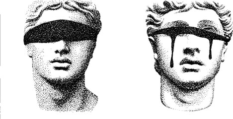 Poster - Stippling ink halftone art featuring classical sculptures with blindfolded and tear effects