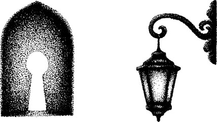 Poster - Stippling ink illustration of keyhole and lantern with halftone detail