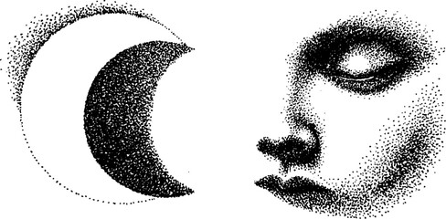 Poster - Hyper detailed stippling ink art featuring half moon and face illustration