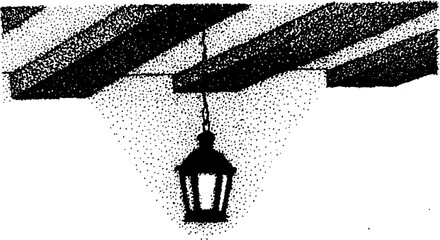 Poster - Intricate ink stippling of hanging lantern under wooden beams