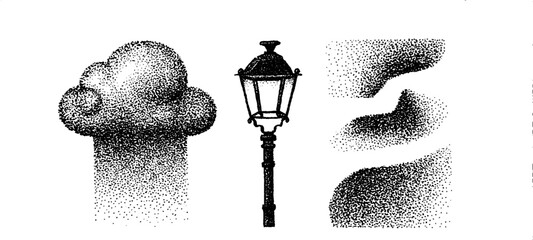 Poster - Detailed stippling ink art featuring cloud, vintage lamp, and abstract terrain