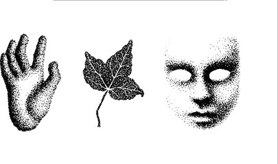 Poster - Stippling ink art: hand, leaf, and face mask motifs for creative design