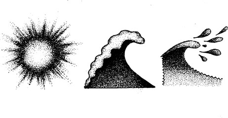 Poster - Stippling art collection of sun and wave illustrations in ink for creative design