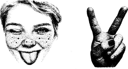 Poster - Playful expression and peace gesture in hyper detailed ink stippling art