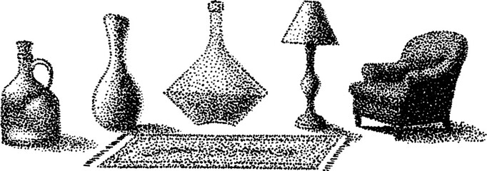 Poster - Stippling ink illustration of vintage home decor objects and furniture