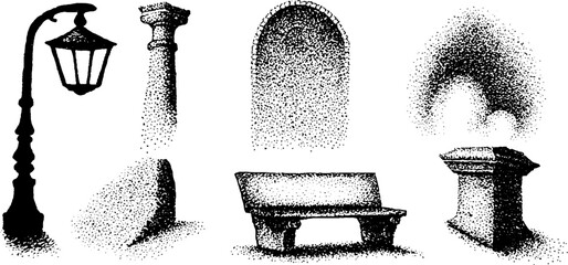 Poster - Hyper detailed ink stippling set with lamp, column, arch, bench, and pedestal