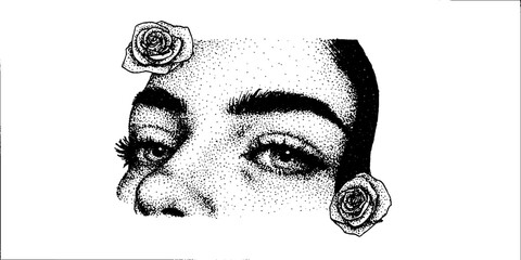 Poster - Hyper detailed stippling ink art of eyes and roses in intricate design