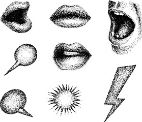 Poster - Hyper detailed ink stippling illustration set featuring abstract facial expressions and symbols