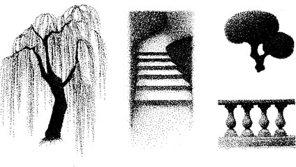 Poster - Intricate stippling ink artwork featuring tree, pathway, and balcony elements