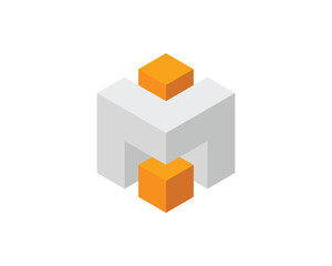 Poster - Abstract isometric design featuring gray and orange cubes.  Represents connection, teamwork, or innovation.  Ideal for tech, business, or corporate presentations, websites, and branding materials.