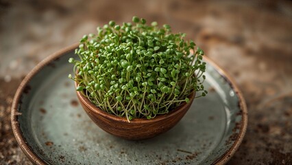 Poster - Fresh Microgreens in a Wooden Bowl on a Rustic Plate for Healthy Eating Ideas