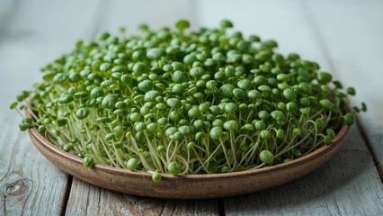 Poster - Fresh Microgreens Arranged Neatly on a Wooden Plate on a Rustic Table