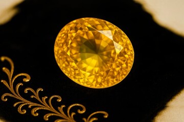 Poster - Stunning Yellow Sapphire With Brilliant Facets on a Black Velvet Background