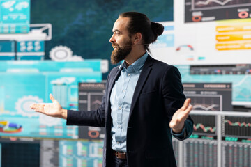 Poster - Public speaker CEO hosting business presentation to share a vision, discussing about new growth strategy and ideas for global development. Using a hands free microphone for attendees.