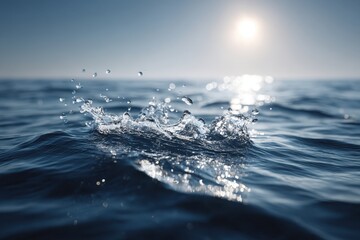 Poster - Captivating close-up of a water splash in the ocean against the bright sunlight, highlighting the clear sea and natural beauty of the marine environment.