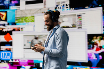 Poster - Young influencer enjoying online web connection between followers, highlighting real time engagement, online presence and imagination as essential elements of influence and communication.