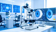 © Pixel Alchemist - Modern ophthalmology lab featuring advanced equipment, including microscope and high resolution monitors displaying detailed eye images. space is bright and equipped for precise eye examinations