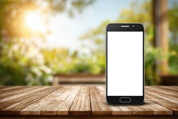 Aufkleber - A mobile phone with blank white screen on a wooden table with a blurred background featuring trees and sunlight creating a serene and relaxing atmosphere.