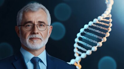 Poster - professional scientist with gray hair and glasses against a background of dna helix and blurred circ