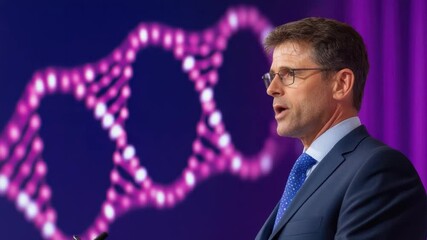 Poster - Businessman Speaking at Conference with Vibrant Abstract Background on Stage Using Microphone in Professional Setting