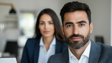 Poster - Professional Man and Woman in Business Attire Collaborating in Modern Office Setting