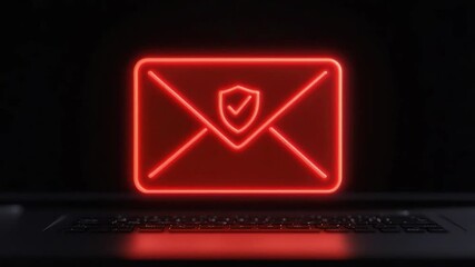 Poster - Neon Email Symbol with Shield Icon Representing Cybersecurity and Protection on Dark Background