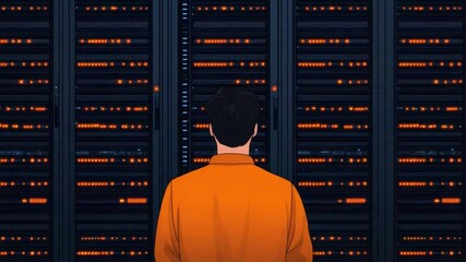 Poster - Person in Orange Shirt Stands Before Server Rack with Bright Lights and Data Displays in a Data Center Environment
