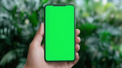 Poster - Hand Holding Smartphone with Green Screen Display in Lush Tropical Background Ideal for Mockup or Advertising Purposes