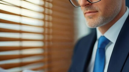 Poster - Businessman in Suit with Glasses Thinking Deeply Near Window with Blinds in Modern Office Space