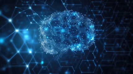 Poster - Abstract technology logo featuring a hexagonal grid morphing into a digital brain, representing AI intelligence and innovation