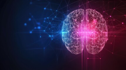 Poster - AI technology banner with abstract human brain shape made of lines and data points on dark background