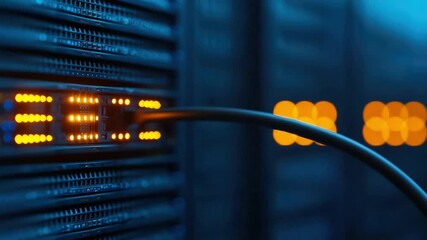 Poster - Person Connecting Network Cable to Server in Data Center with Bright LED Indicators and Modern Technology Environment