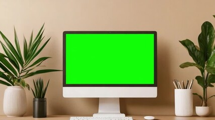 Poster - Modern workspace with empty computer screen and decorative plants on a simple background for design and creativity