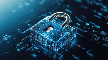 Poster - Conceptual representation of IT network security using digital padlock and encrypted data stream