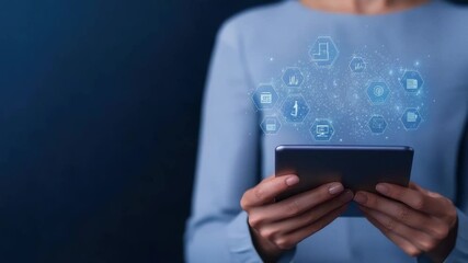 Poster - Woman using smartphone with digital interface showing technology symbols and data concept in a modern environment
