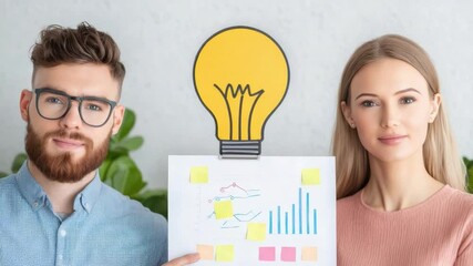 Poster - Young professionals presenting innovative ideas with light bulb concept and business graphs on the table in bright office setting