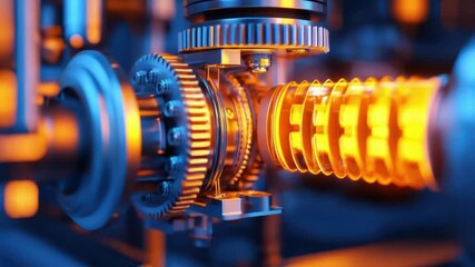 Poster - Close-Up of Mechanical Gears with Glowing Elements in a Futuristic Industrial Setting for Technology and Innovation Themes