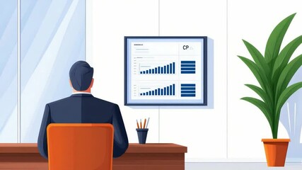Poster - Professional Business Meeting Scene with Graphs, Charts, and a Person in a Suit in a Modern Office Setting