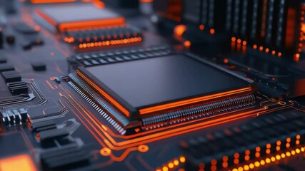 Poster - Close-Up View of Modern Circuit Board with Orange and Black Colors Showcasing Digital Technology and Electronic Components