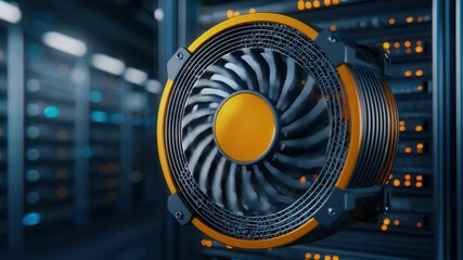Poster - High-Detail Computer Cooling Fan in Modern Server Room with Blue Lighting and Metallic Elements