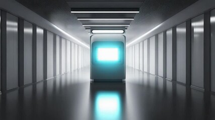 Poster - Futuristic corridor with digital kiosk in minimalistic design showcasing modern technology in a bright white environment