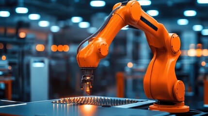 Poster - Robotic arm assembling microcomponents on a smart factory line under LED lighting and automation controls