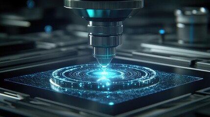 Poster - Self-healing material sample under microscope with active nanotech animations and overlays