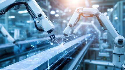 Poster - Smart manufacturing line with robotic arms, conveyor sensors, and AI-driven quality control