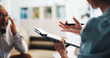 © peopleimages.com - Therapy, hands and mature patient for clipboard, consulting and support with grief at clinic. People, psychologist and counselling for mental health, anxiety and checklist with caregiver advice