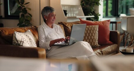 Poster - Remote work, employee and woman with laptop, house or customer behavior analysis at night or online. Home, financial analyst and mature person with tech for business growth, overtime and sales on app